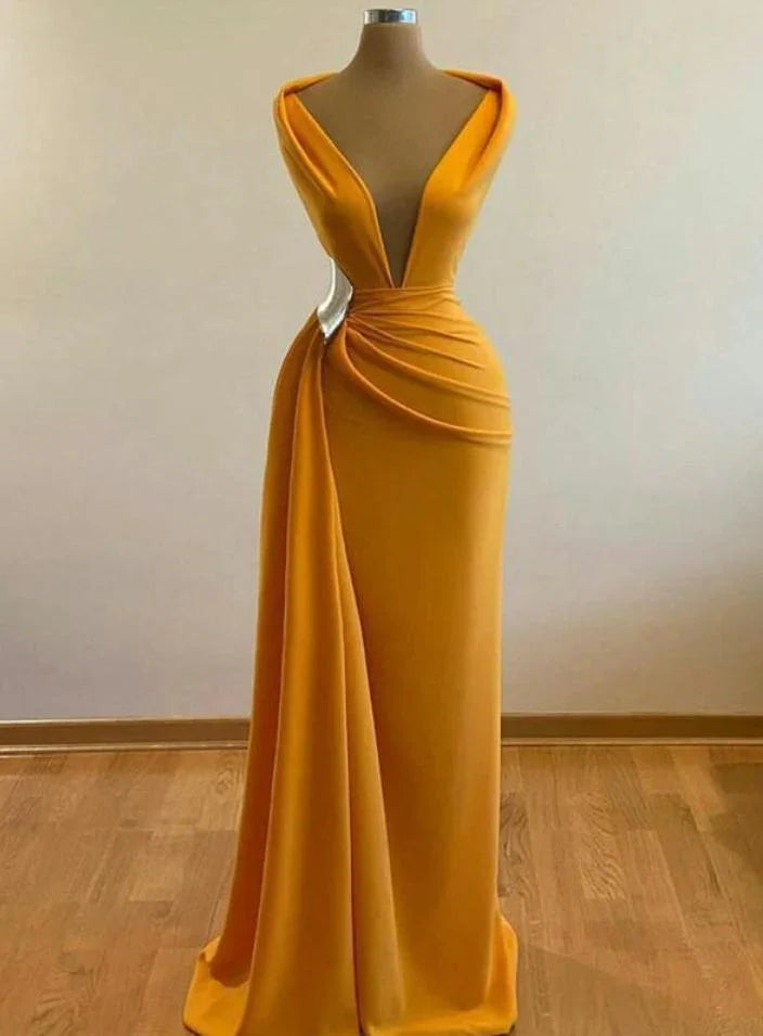 Gelbes Meerjungfrauen-Abendkleid mit tiefem V-Ausschnitt, sexy Abendkleid, Cocktailparty, Schleppe, festliche Kleidung Y4931