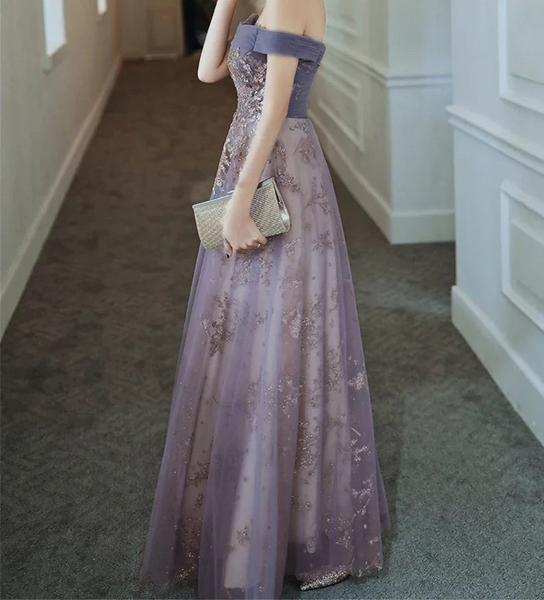 Vestido de Baile Roxo Sonhador com Ombros Descobertos Vestido de Noite Elegante Longo para Banquete Vestido de Festa Sem Mangas Vestido de Formatura para Rapariga Y4286