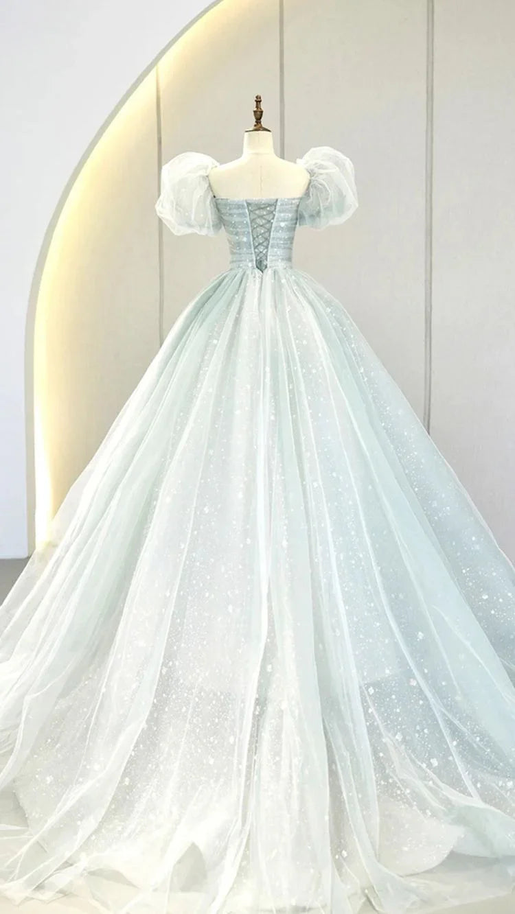 A-Line Puff Sleeves Blue Long Prom Dress, Tulle Formal Evening Dress Y2932