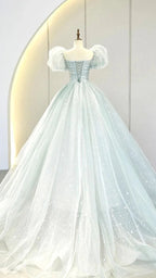 A-Line Puff Sleeves Blue Long Prom Dress, Tulle Formal Evening Dress Y2932