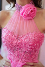 A Line Halter Neck Beaded Lace Long Pink Prom Dresses