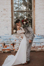 A Line Boho Lace Long Sleeves Open Back Rustic Wedding Dresses