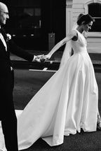 A Line Deep V Neck Open Back White Long Wedding Dresses Bridal Gown