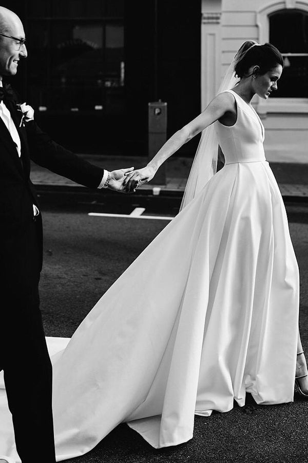 A Line Deep V Neck Open Back White Long Wedding Dresses Bridal Gown