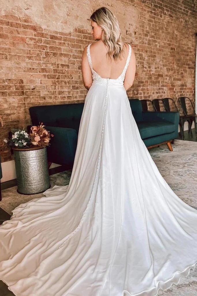 A Line Ivory Floral Lace Open Back Long Wedding Dresses