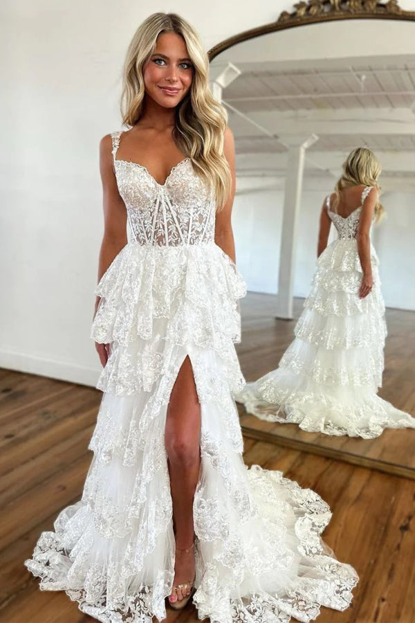 A Line Lace Tiered Stunning Prom Dress Evening Dress With Split