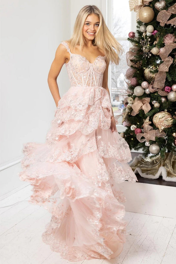 A Line Lace Tiered Stunning Prom Dress Evening Dress With Split