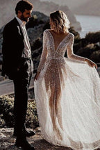 A Line See Through Deep V Neck Long Sleeves Sparkly Wedding Dresses