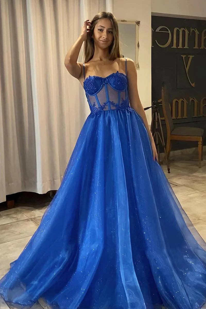 A Line Shiny Royal Blue Tulle Sweetheart Formal Prom Dress