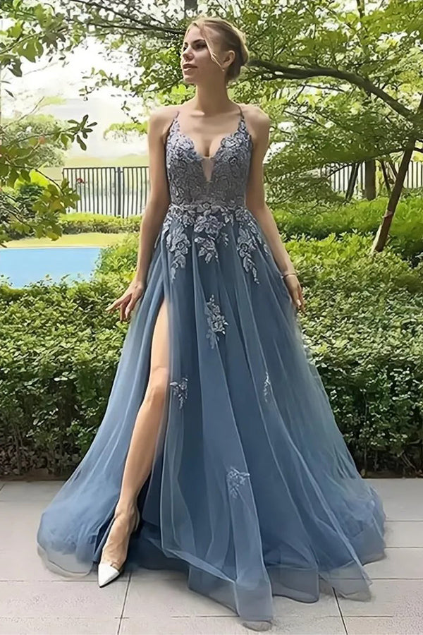 A Line Spaghetti Straps Corset Back Split Long Prom Dress