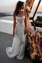 A Line Sweetheart Sparkly Sequins Beach Wedding Dress