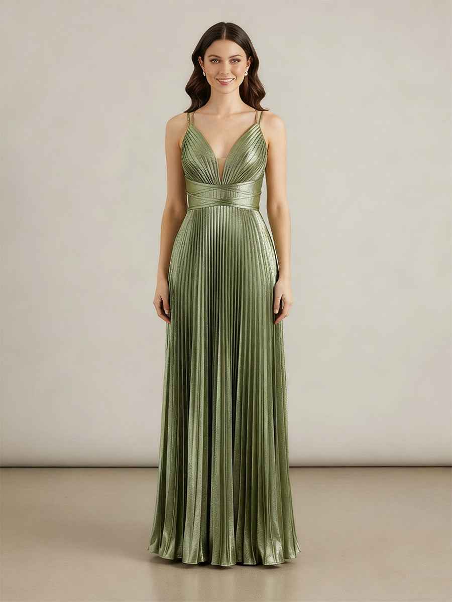 A Line V-Neck Long Prom Dresses with Pleated
