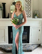 Hermoso vestido de noche verde con tirantes finos, tul y lentejuelas, vestido de baile con abertura Y7919