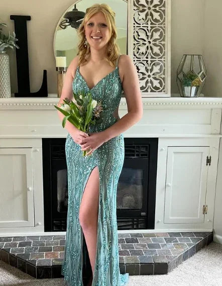 Hermoso vestido de noche verde con tirantes finos, tul y lentejuelas, vestido de baile con abertura Y7919