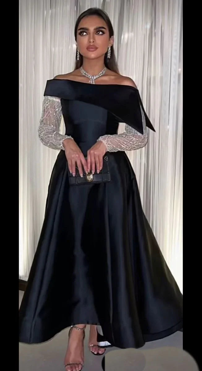 Black A Line Boat Neck Evening Dresses Beads Long Sleeve Floor Length Satin Saudi Arabia Formal Wedding Party Gowns Y463