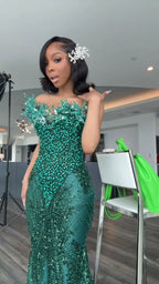 One shoulder Dark green Mermaid Sparkle Floor length Prom Dresses