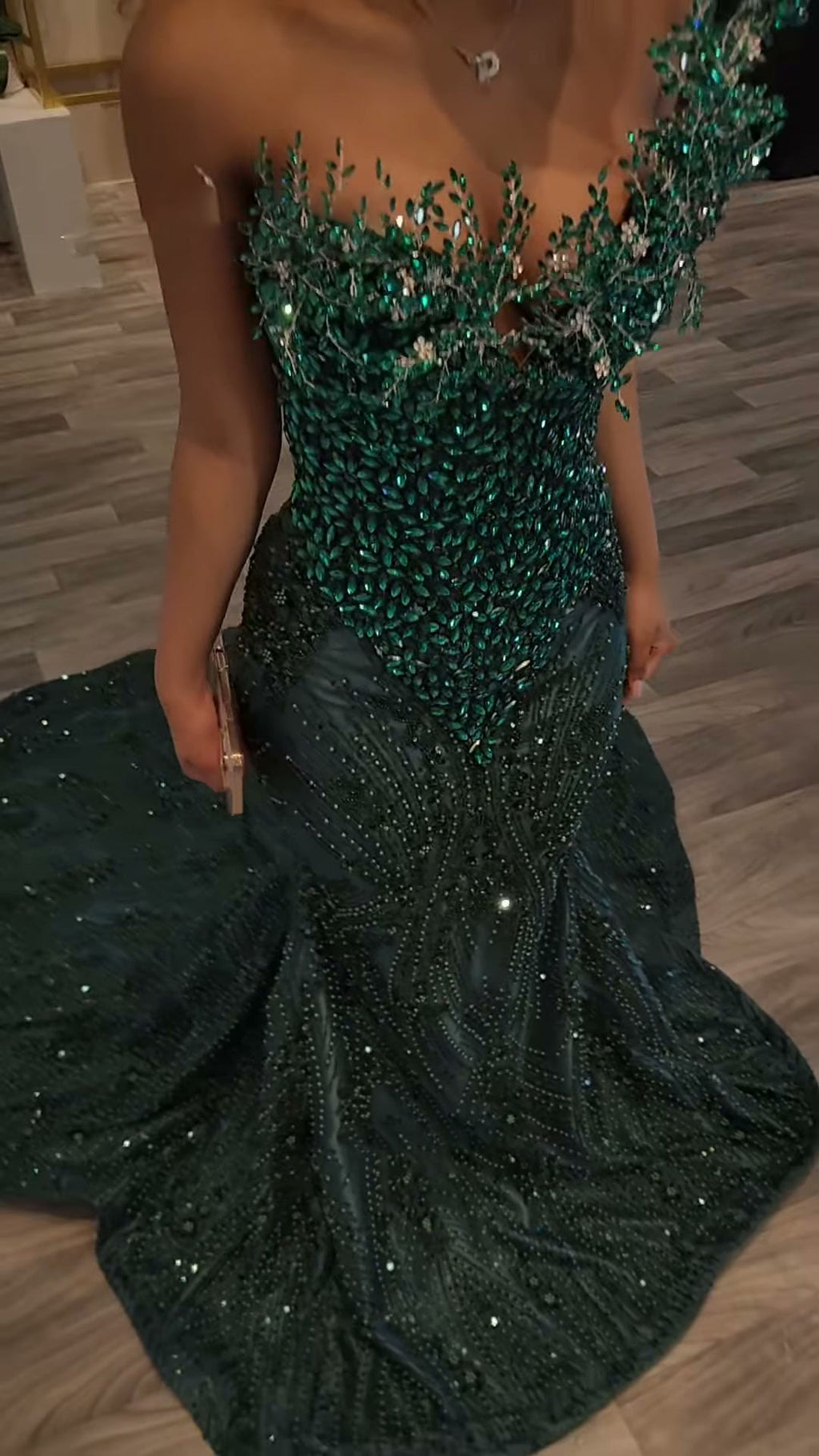 One shoulder Dark green Mermaid Sparkle Floor length Prom Dresses