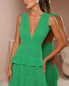 Vestido de noche largo para baile de graduación Y8386, verde esmeralda, escote en V profundo, con volantes en capas y espalda descubierta