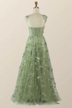 Robe longue de soirée formelle en ligne A papillon vert sauge Y2801