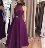 Vestido de fiesta morado sin mangas en línea A Vestido de noche morado de cuello alto Y5859