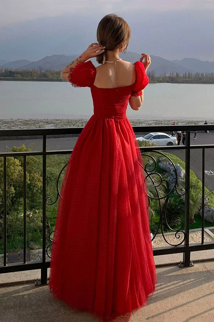 Vestido de fiesta largo de tul rojo bonito en línea A Y7771