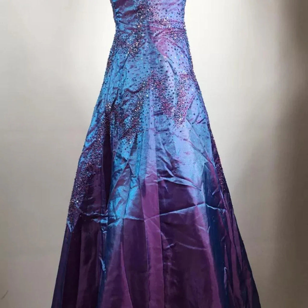 Deslumbrante Vestido de Noite Roxo com Contas, Corte em A, Alças Finas, Vestido de Festa e Baile Y7955
