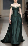Vestido de noche formal de satén con encaje verde vintage y hombros descubiertos para baile de graduación Y7810