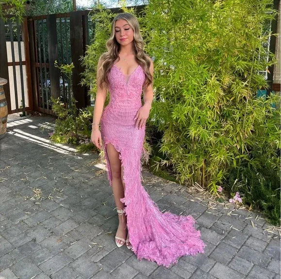 Vestido de noche sirena lujoso con lentejuelas rosas, encaje y plumas, vestido de gala con abertura Y7872