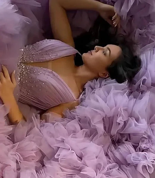 Vestido de baile morado de tul con escote en V y falda en línea A, vestido de princesa morado, vestido de hada Y6590