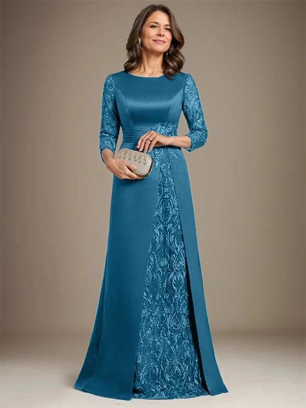 A-Line Scoop Floor-Length Lace Satin Mother Of the Bride Dress With Applique by Dreamylily