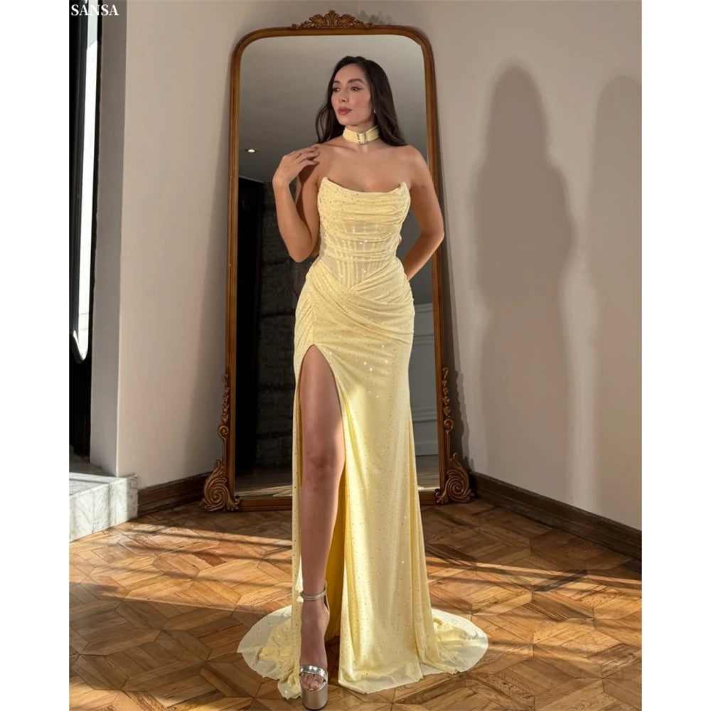 Sansa Customized Yellow Mermaid Strapless Side Split Prom Dress Corset Pleats Vestidos De Noche Floor-Length Formal Evening 2026