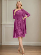 Etui/Säulenförmiges Kleid mit Illusion, knielang, aus Spitze und Chiffon, Brautmutterkleid mit herabfließenden Rüschen und Pailletten