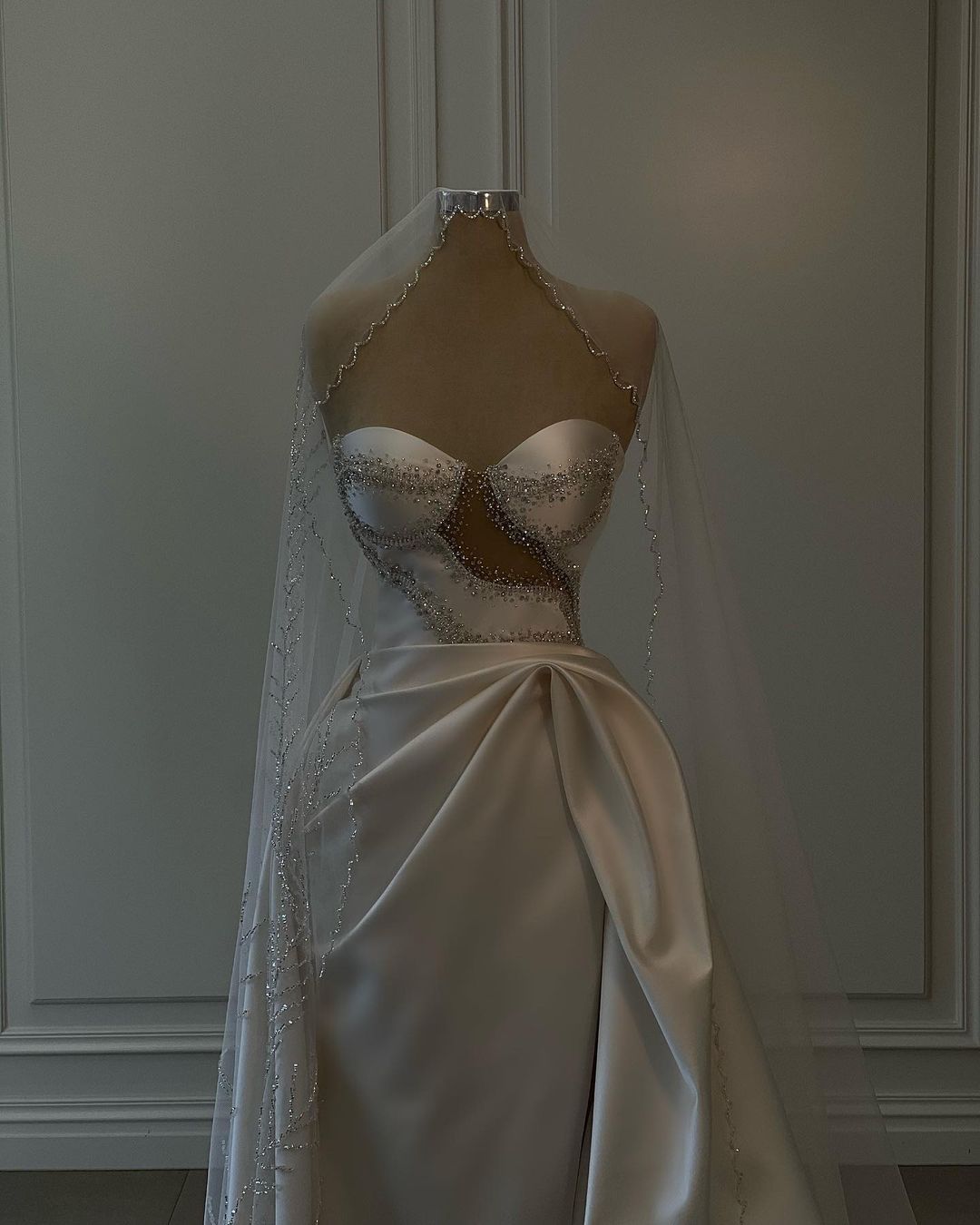 Breathtaking Long White Satin Beaded Sleeveless Wedding Dress With Slit