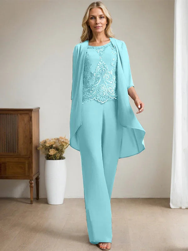 Getrennter Overall/Hosenanzug mit Rundhalsausschnitt, bodenlang, aus Chiffon und Spitze, Mutter-des-Brautkleides mit Perlen und Pailletten