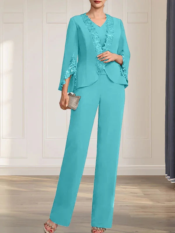 Getrennte Overall/Hosenanzug V-Ausschnitt bodenlanger Chiffon Brautmutterkleid