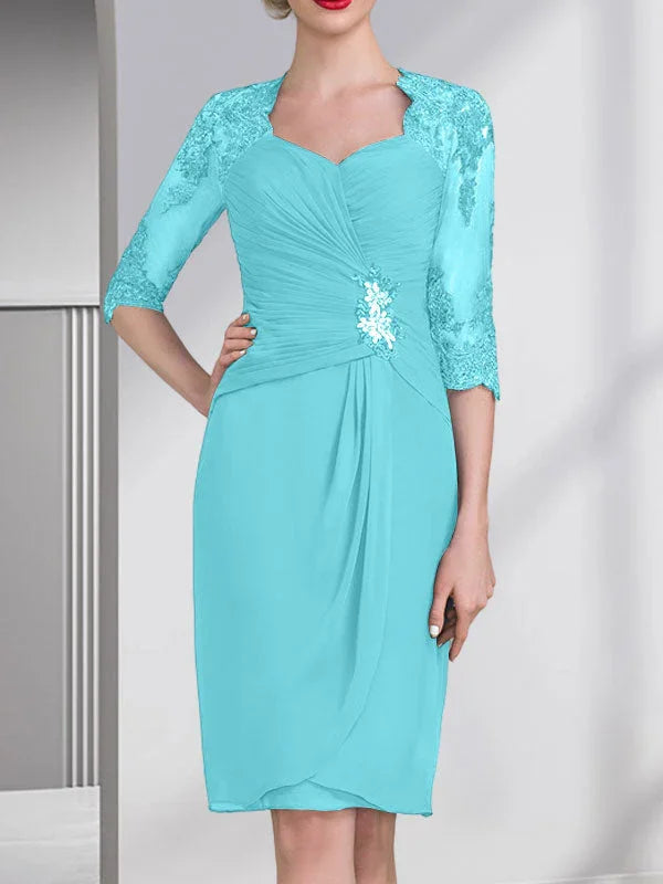 Vestido de madrina de novia de gasa con apliques de cuentas, encaje, lentejuelas y pliegues, largo hasta la rodilla, corte tubo y columna, con escote corazón