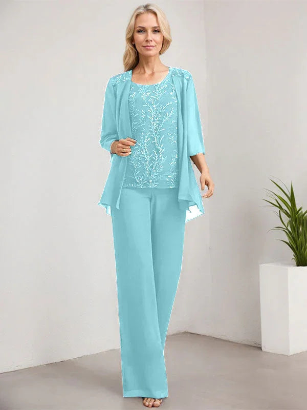 Mono/Pantalón Separado con Escote Redondo, Largo hasta el Suelo, de Encaje y Gasa, Vestido de Madre de la Novia con Lentejuelas