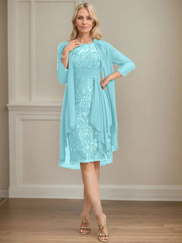 Etui/Säulenförmiges Kleid mit Illusion, knielang, aus Spitze und Chiffon, Brautmutterkleid mit herabfließenden Rüschen und Pailletten