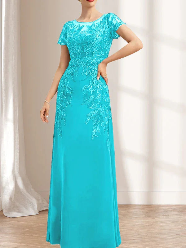 Vestido de madrina de novia con ilusión, corte columna y fajín, largo hasta el suelo, de encaje y gasa con lentejuelas