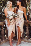 Asymmetrical One Shoulder Satin White Bridesmaid Dress BD097