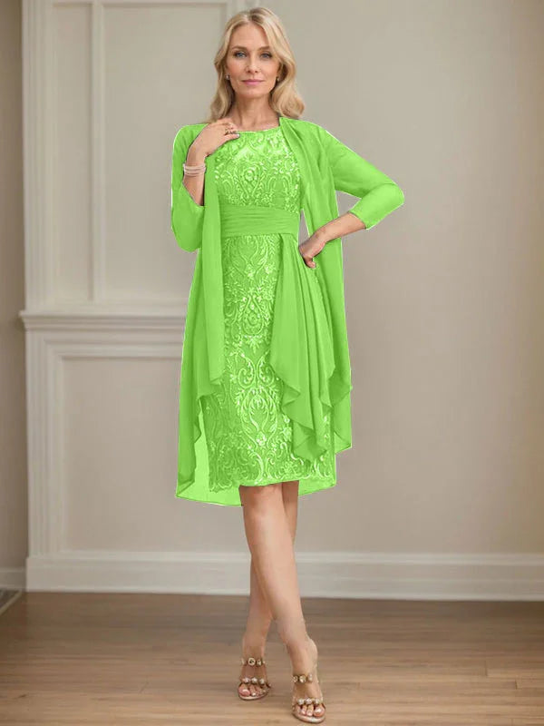 Etui/Säulenförmiges Kleid mit Illusion, knielang, aus Spitze und Chiffon, Brautmutterkleid mit herabfließenden Rüschen und Pailletten