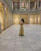 Cute Yellow Puff-Sleeve V-Neck Satin Mermaid Prom Dress Evening Dress Y8459