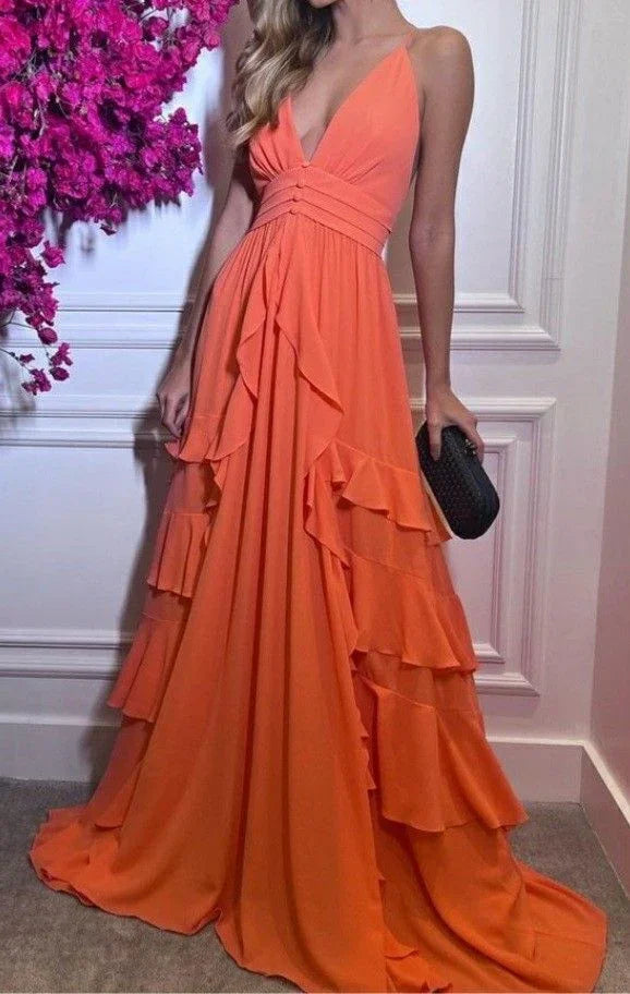 Vestido de Festa Sexy com Decote Profundo em V, Alças Finas, Sem Mangas, Costas Descobertas, Saia em Camadas Plissada até ao Chão Y4833