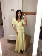 Cute Yellow Puff-Sleeve V-Neck Satin Mermaid Prom Dress Evening Dress Y8459