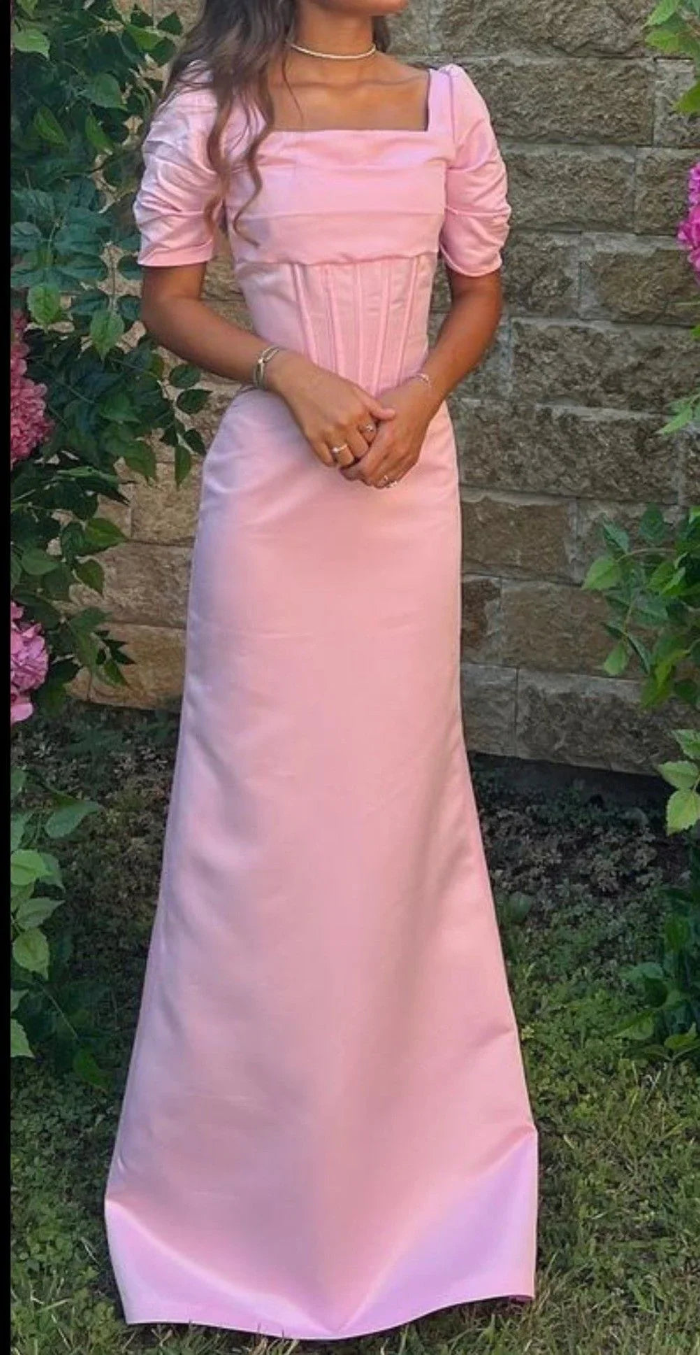 Vestidos de Festa Cor-de-Rosa para Senhora Manga Curta Vestido Formal de Noite Y4796