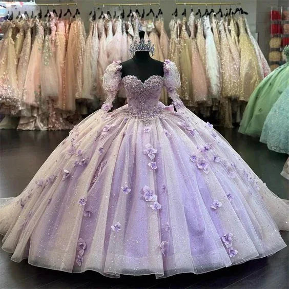 Vestido de Bola com Flores 3D Lilás para Quinceanera, Mangas Compridas Bufantes Y6580
