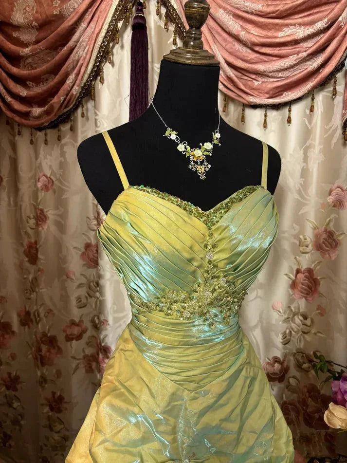 Vestido de Baile Longo Vintage Verde Sábio em Linha-A com Alças Finas e Brilhante, Vestido de Noite com Contas Y8517