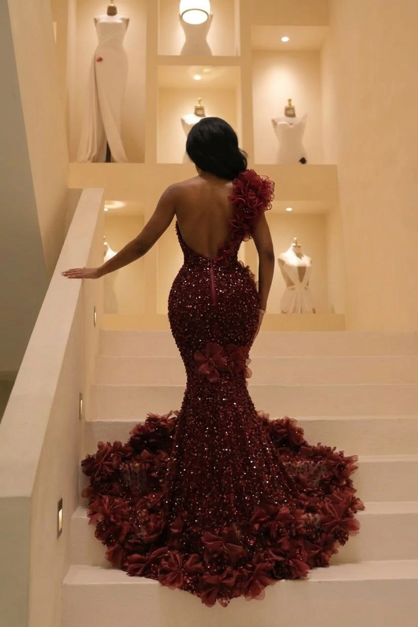 The Bordeaux Bloom - 2026 One-Shoulder Sequin Mermaid Gown: 3D Floral Appliqués & Crushed Garnet Beadwork