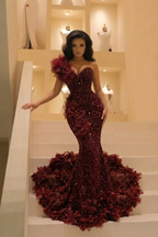 The Bordeaux Bloom - 2026 One-Shoulder Sequin Mermaid Gown: 3D Floral Appliqués & Crushed Garnet Beadwork
