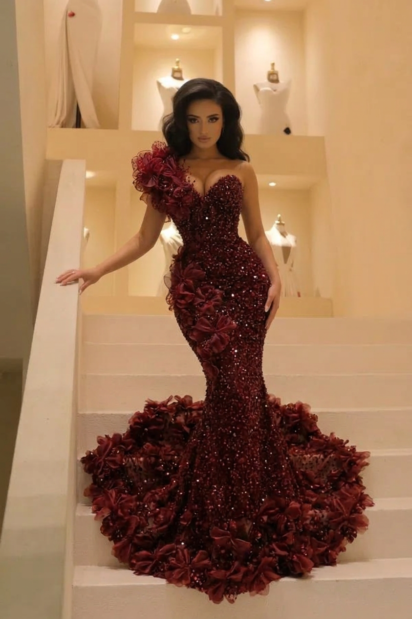 The Bordeaux Bloom - 2026 One-Shoulder Sequin Mermaid Gown: 3D Floral Appliqués & Crushed Garnet Beadwork